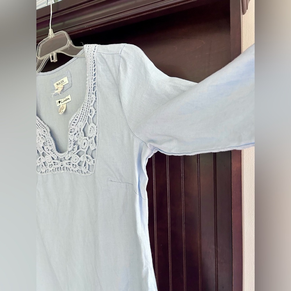 Malvin Hamburg Linen Crochet Blue 3/4 Sleeve Shift Dress Coastal Breathable Sz L - Picture 5 of 9